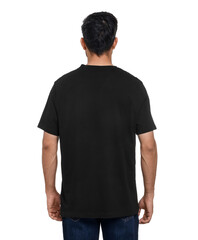 Obraz premium Man in black t-shirt on white background, back view