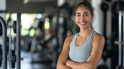 Fototapeta premium Young Hispanic Female Fitness Trainer in Gym, Confident and Energetic, Modern Professional Fitness Training Setting.