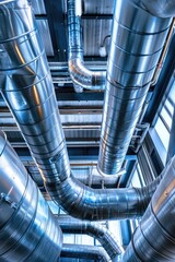 A series of pipes are shown in a building, with some of them being silver