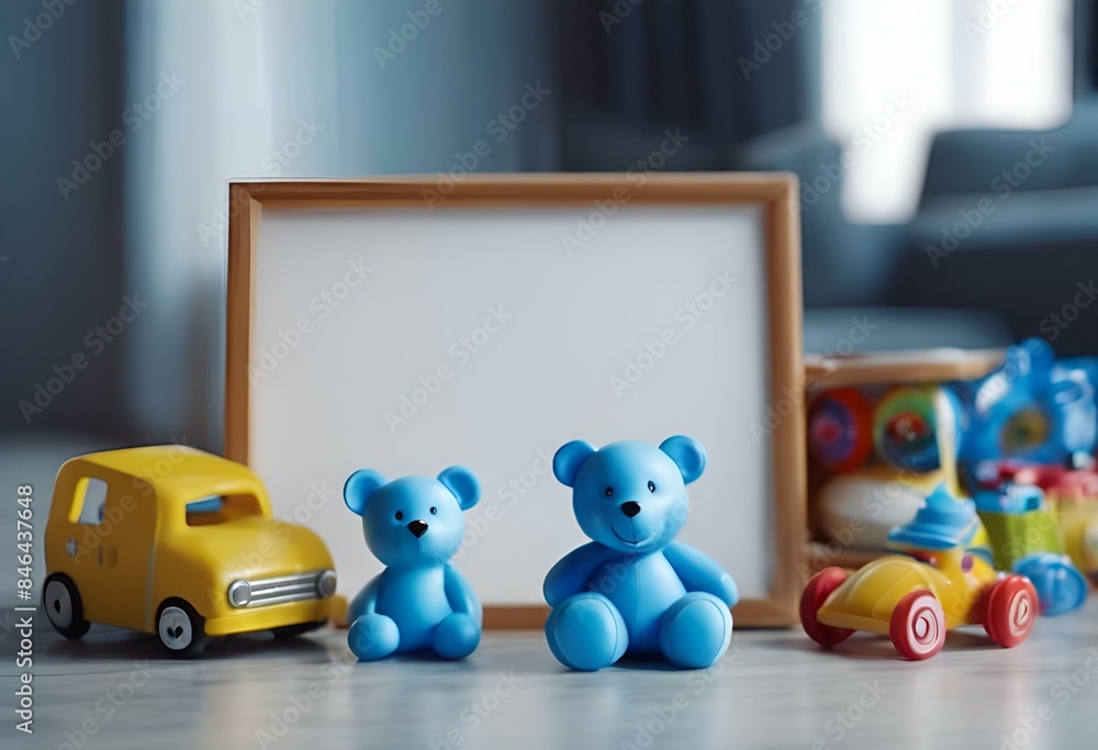 Canvas Prints AI-generated illustration of Two blue teddy bears, a toy truck, and a blank frame