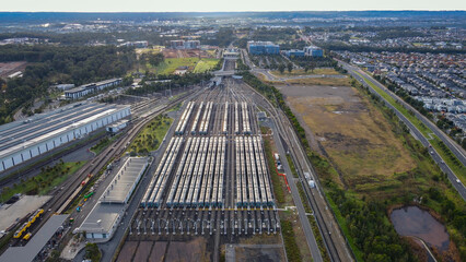 Aerial drone view above Tallawong train depot on the metro northwest railway line, Greater Sydney,...