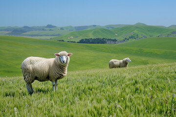 Fototapeta premium Peaceful Pasture with Fluffy Sheep Grazing Under Blue Skies 