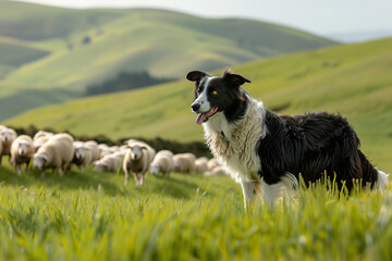 Obraz premium Dynamic Herding of Sheep by Border Collie on Lush Hills 