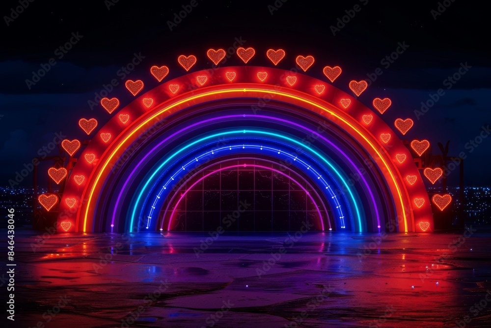 Sticker neon rainbow arch with heart shaped lights, set against a dark background, creating a vibrant and hi