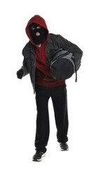 Thief in balaclava with bag on white background