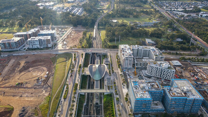 Aerial drone view above Tallawong Station on the metro northwest railway line, Greater Sydney, NSW...