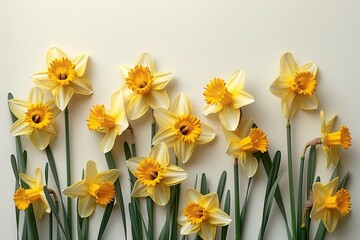 Obraz premium A flat lay of yellow and white daffodils on a white background