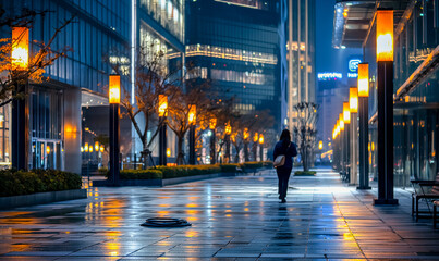 an empty wet sidewalk with people walking down it in the city