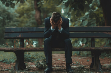 Fototapeta premium 1 man in suit sitting on the bench with his head down holding it between hands crying stock photo Canon R5