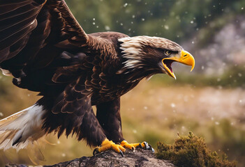 AI generated illustration of a snowy hillside with a soaring large bird