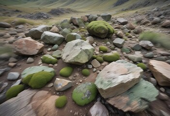 Stones scattered across the meadows near the mountains. Background, natural texture
