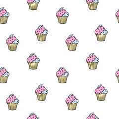 Cute seamless square pattern with pink and blue cupcakes. Colored doodle simple ornament with sweets. Isolated on changeable white background. Baby minimal vector pattern for print, fabric, design.