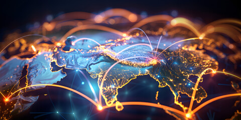  Earth globe map, telecommunication and data transfer networks with global internet and artificial intelligence connectivity for communication technology
