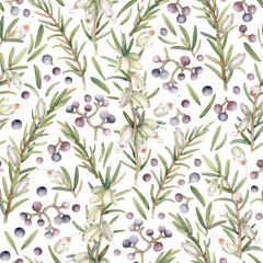 White Heather and Purple Berries Seamless Pattern. Watercolor floral illustration for invitations, postcards and other stationery

