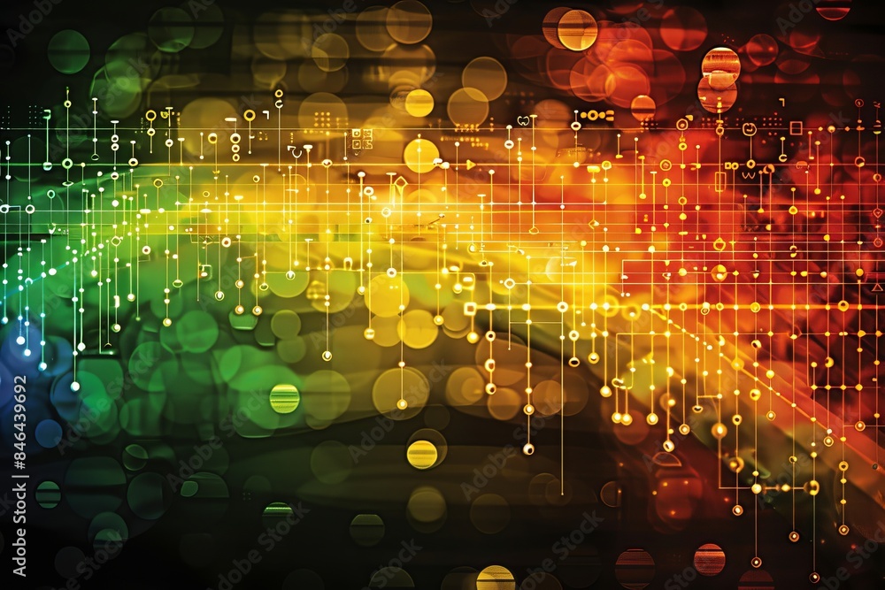 Poster vibrant abstract digital rainbow with glowing elements on a dark background, creating a dynamic and 