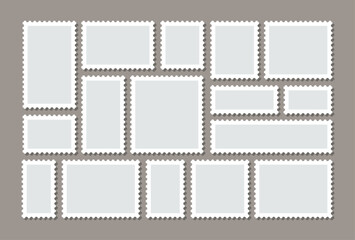 Collection of postage frames. Set of postmarks for mail letter. Empty postal stamp. Blank borders of post stamps. Rectangular perforated labels isolated on gray background. Vector illustration.