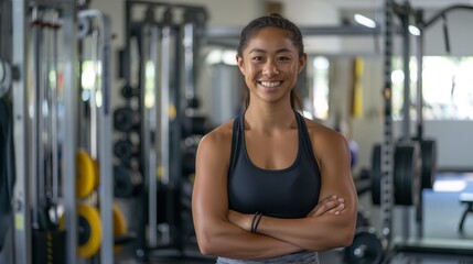 Fototapeta premium Pacific Islander Female Fitness Trainer Smiling in Gym Setting Promoting Health and Wellness