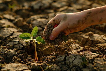 Closeup hand Planting seedlings in the ground, growth and sustainability concept, plant with care
