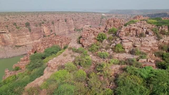 huge rock formations at gandikota, kadapa, andhra pradesh , india, reveal  drone shot 4k