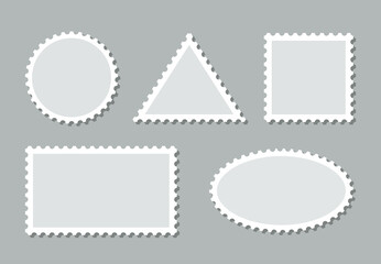 Postal shapes border collection. Paper postmarks. Empty stamps set. Post stamps isolated on background. Blank frames for mail letter. Postage perforated templates. Vector illustration. Flat design.