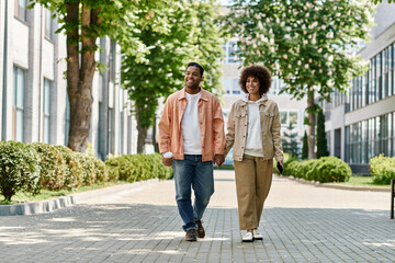 A happy couple walks hand-in-hand down a city street.