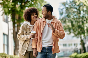 A young African American couple walking together, smiling and using sign language to communicate.