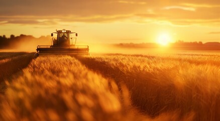 Fototapeta premium AI generated illustration of a harvester for harvesting wheat at dusk