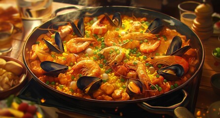 AI generated illustration of a large paella pan filled with delicious marine animals