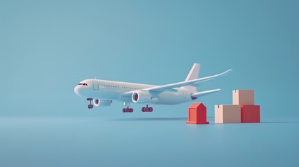 A modern airplane model flying above a pastel background with geometric shapes. Perfect for travel, logistics, and educational concepts.