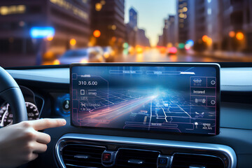 transport, destination, modern technology and people concept - male hand searching for route using navigation system on car dashboard screen