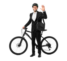Naklejka premium Smiling man in helmet with bag near bicycle isolated on white