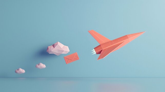A red paper airplane is flying among pink paper clouds on a blue background, symbolizing creativity and imagination with minimalistic design.