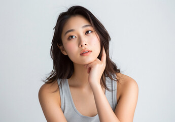 1 photo of Asian woman her early mid twenty straight hair wearing light grey tank top She standing upright against white background looking camera one hand resting her chin if she thinking or