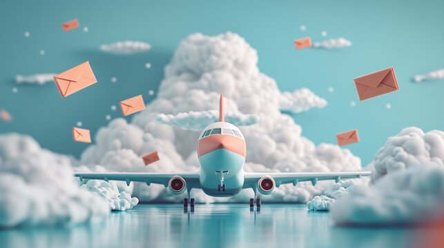 Airplane flying through fluffy clouds with envelopes floating around in a whimsical, surreal sky, representing air mail and communication.
