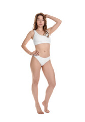 Woman with slim body posing on white background
