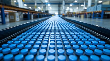 Fototapeta premium A close-up shot of a conveyor belt in a factory, with rows of blue plastic vial moving along the belt