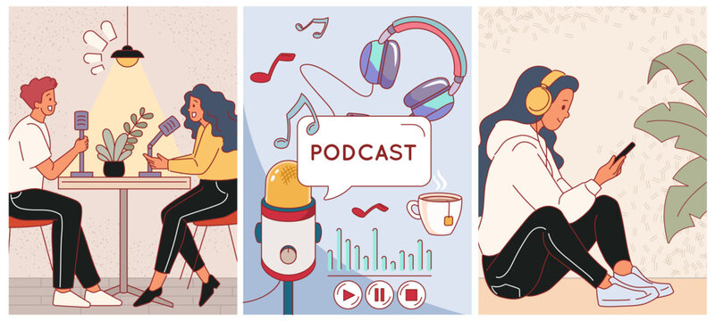 Podcast streaming. Audio recording process, interview broadcast on live, listeners, presenters and guests studio, people with headphones, bloggers entertainment show, vector cartoon flat set