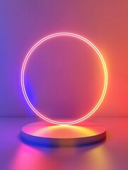 Fototapeta premium A neon colored circle is on a pedestal