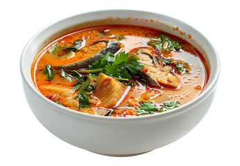 Mohinga Burmese fish soup in a white ceramic bowl PNG