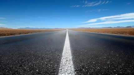 A long road in the desert, with an endless horizon under a blue sky, and no buildings or people visible on both sides of it. with faint outlines of distant mountains faintly.