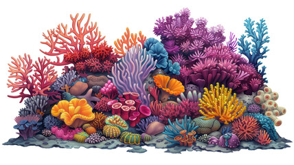 Vibrant underwater coral reef with a variety of colorful corals and marine life, showcasing the beauty of ocean biodiversity.