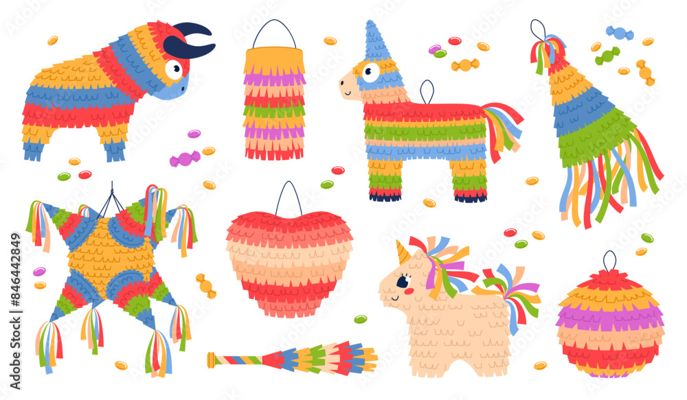 Wall mural mexican holiday pinatas. color paper kids party decorations, colofrul animal, heart, ball shapes wit