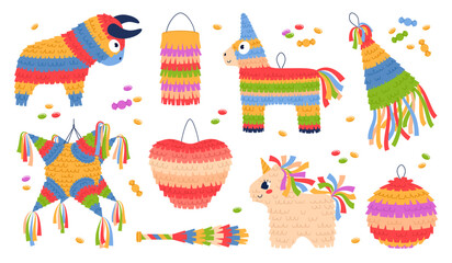 Mexican holiday pinatas. Color paper kids party decorations, colofrul animal, heart, ball shapes with confetti, birthday celebration, fiesta carnival, cartoon flat isolated vector set