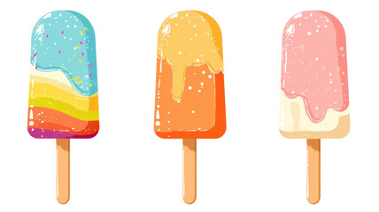 Vector illustration of three colorful ice cream popsicles with sprinkles, perfect for summer designs and refreshing dessert themes.