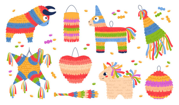 Mexican holiday pinatas. Color paper kids party decorations, colofrul animal, heart, ball shapes with confetti, birthday celebration, fiesta carnival, cartoon flat isolated vector set