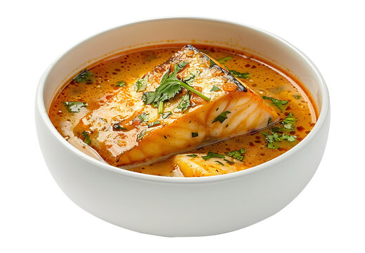 Mormors curried fish soup in a white ceramic bowl PNG