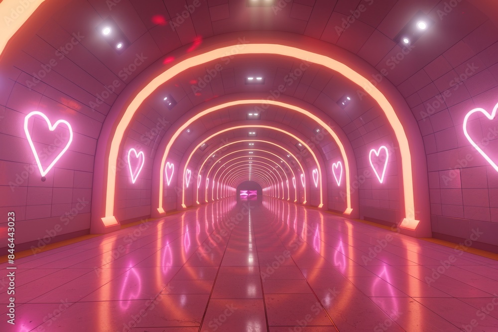Poster neon lit tunnel with heart shaped lights, creating a romantic and futuristic high tech visual with v