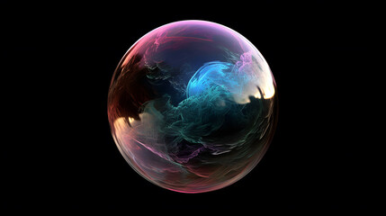 Abstract Spherical Glass Structure with Iridescent Colors on Black Background..