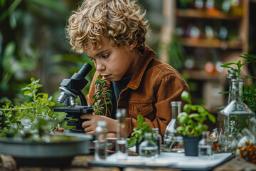 Young Boy Examining Plants Under Microscope in Botanical Lab