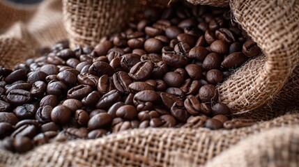 Fototapeta premium High-detailed macro photograph of coffee beans spilling out of a burlap sack, showing every crease and detail in 32k UHD with focus stacking